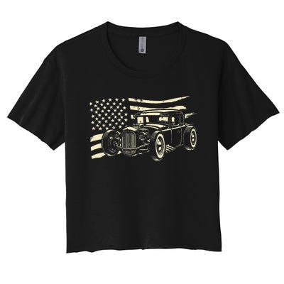 Hot Rod Vintage Us Flag Classic Muscle Car Patriotic Women's Crop Top Tee