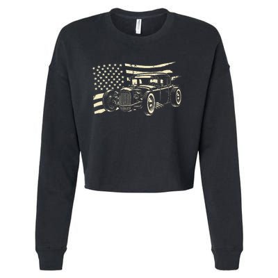 Hot Rod Vintage Us Flag Classic Muscle Car Patriotic Cropped Pullover Crew