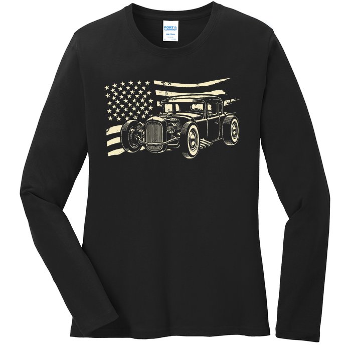 Hot Rod Vintage Us Flag Classic Muscle Car Patriotic Ladies Long Sleeve Shirt