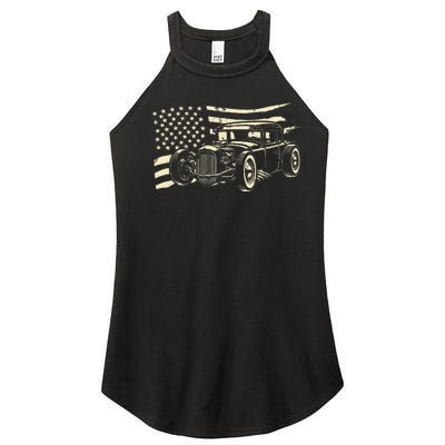 Hot Rod Vintage Us Flag Classic Muscle Car Patriotic Women's Perfect Tri Rocker Tank