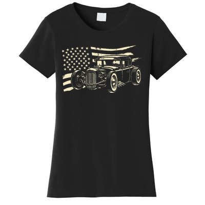 Hot Rod Vintage Us Flag Classic Muscle Car Patriotic Women's T-Shirt