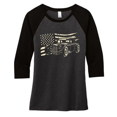 Hot Rod Vintage Us Flag Classic Muscle Car Patriotic Women's Tri-Blend 3/4-Sleeve Raglan Shirt