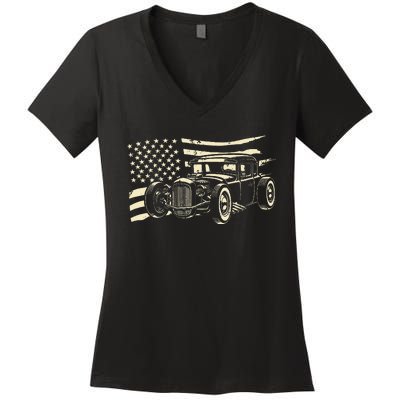 Hot Rod Vintage Us Flag Classic Muscle Car Patriotic Women's V-Neck T-Shirt