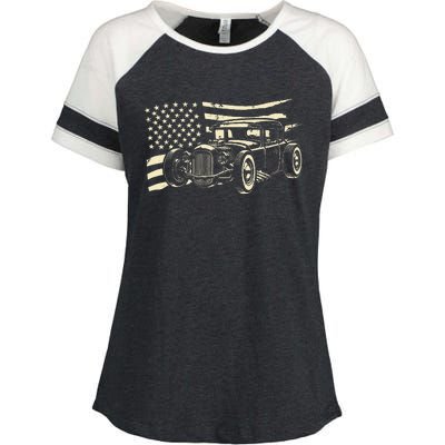 Hot Rod Vintage Us Flag Classic Muscle Car Patriotic Enza Ladies Jersey Colorblock Tee