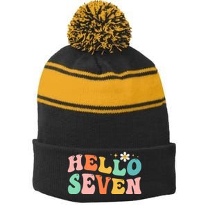 Hello Seven 7 Year Old 7th Birthday Girl Age 7 BDay Groovy Stripe Pom Pom Beanie