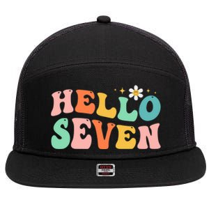 Hello Seven 7 Year Old 7th Birthday Girl Age 7 BDay Groovy 7 Panel Mesh Trucker Snapback Hat