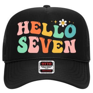 Hello Seven 7 Year Old 7th Birthday Girl Age 7 BDay Groovy High Crown Mesh Back Trucker Hat