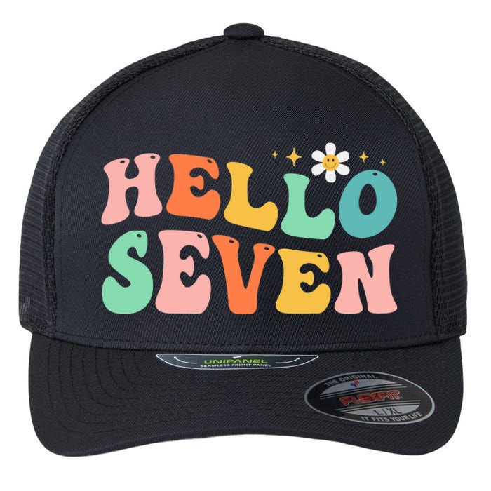 Hello Seven 7 Year Old 7th Birthday Girl Age 7 BDay Groovy Flexfit Unipanel Trucker Cap