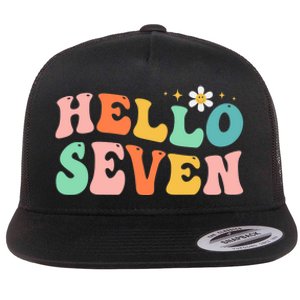 Hello Seven 7 Year Old 7th Birthday Girl Age 7 BDay Groovy Flat Bill Trucker Hat