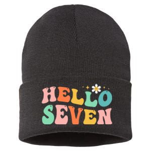 Hello Seven 7 Year Old 7th Birthday Girl Age 7 BDay Groovy Sustainable Knit Beanie