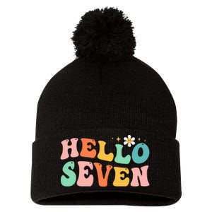 Hello Seven 7 Year Old 7th Birthday Girl Age 7 BDay Groovy Pom Pom 12in Knit Beanie