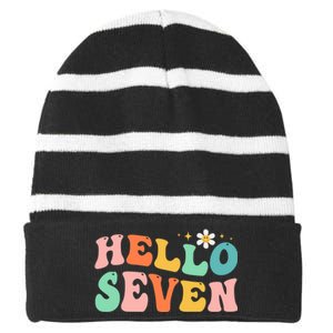 Hello Seven 7 Year Old 7th Birthday Girl Age 7 BDay Groovy Striped Beanie with Solid Band