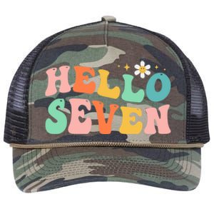 Hello Seven 7 Year Old 7th Birthday Girl Age 7 BDay Groovy Retro Rope Trucker Hat Cap