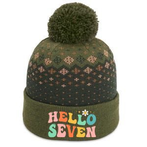 Hello Seven 7 Year Old 7th Birthday Girl Age 7 BDay Groovy The Baniff Cuffed Pom Beanie