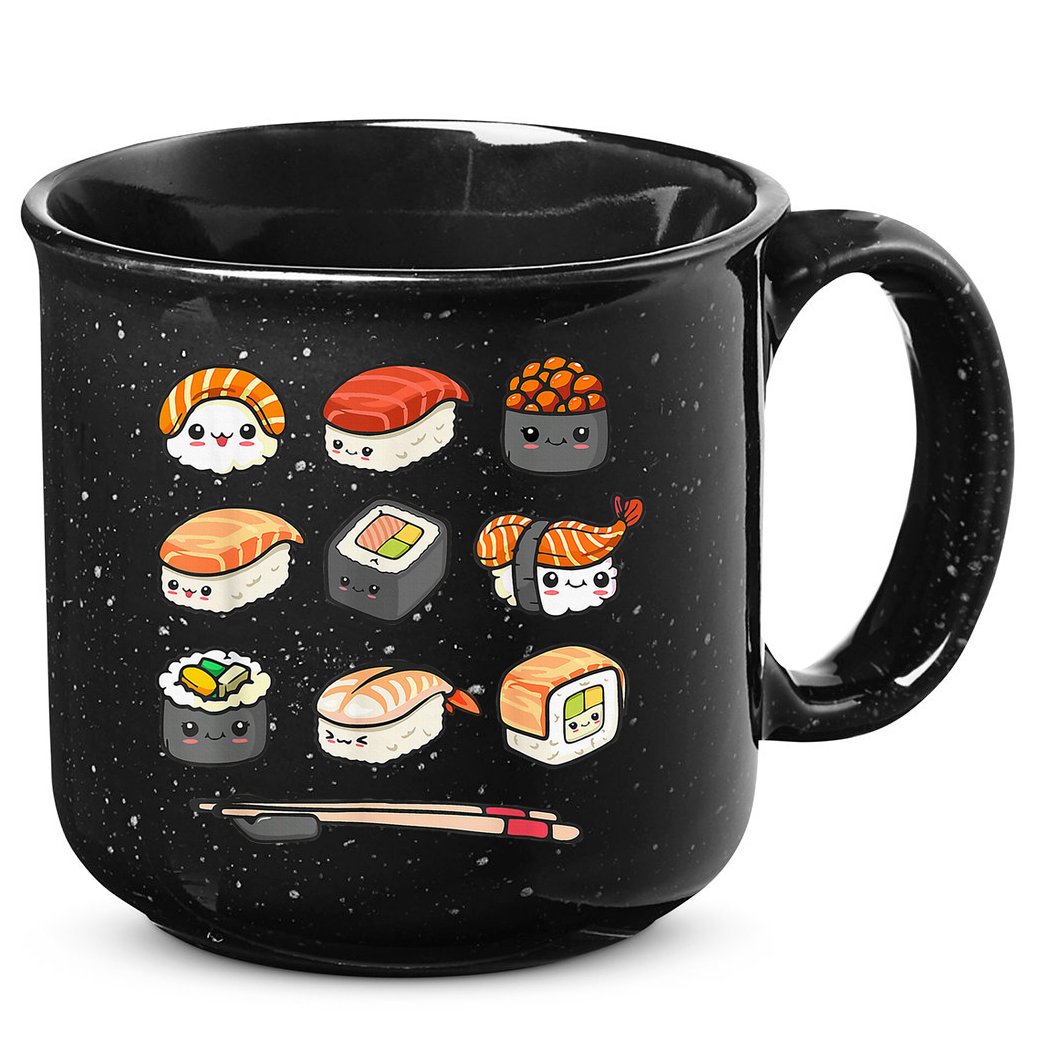 Happy Sushi Anime Kawaii Set Japanese Food Lover Otaku Manga 15oz Campfire Ceramic Mug