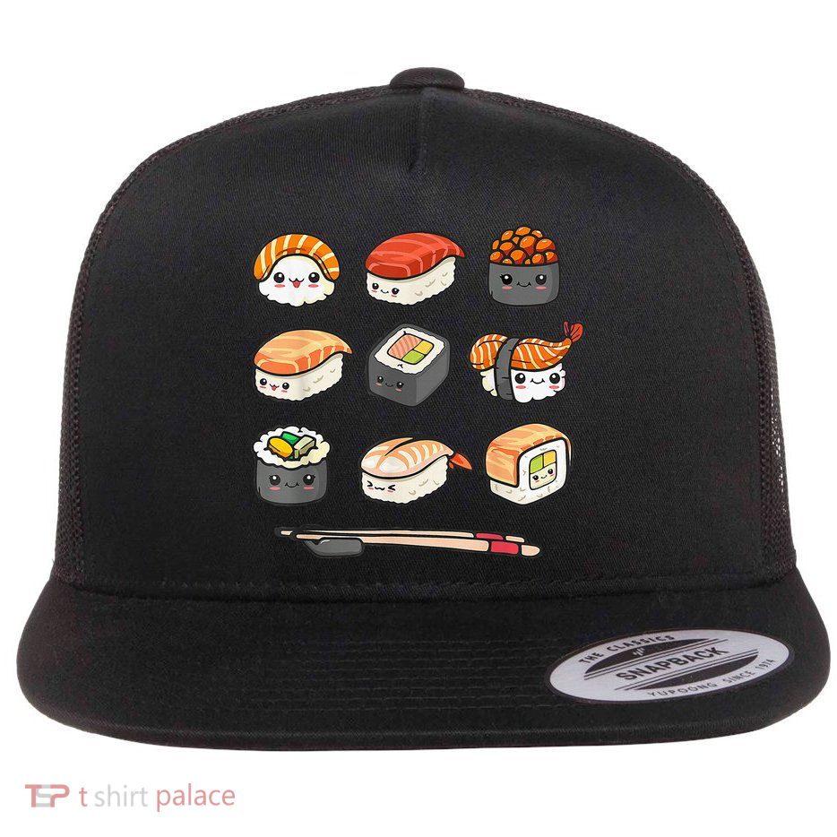 Happy Sushi Anime Kawaii Set Japanese Food Lover Otaku Manga Flatbill Hat
