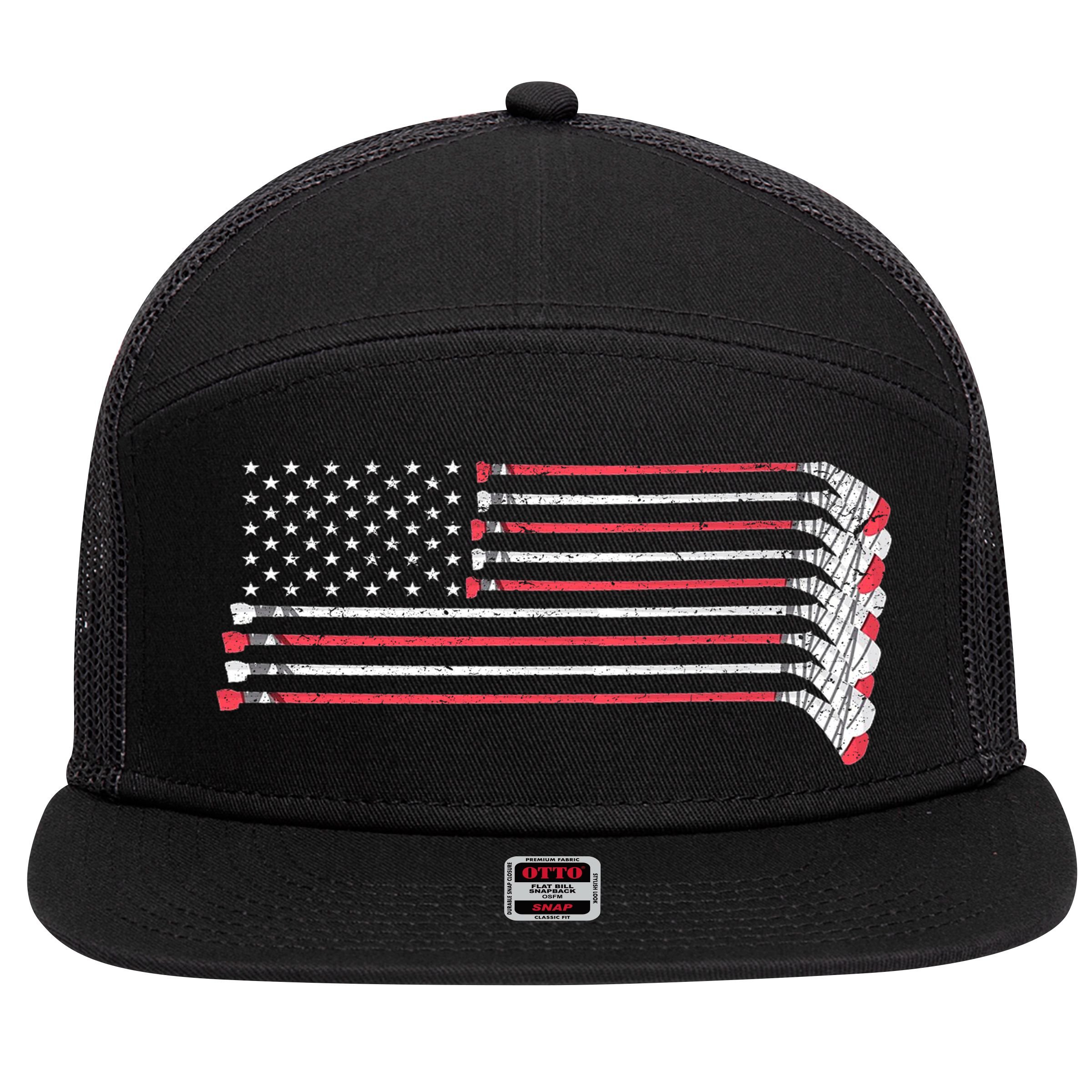 Hockey Sticks American Flag 7 Panel Mesh Trucker Snapback Hat