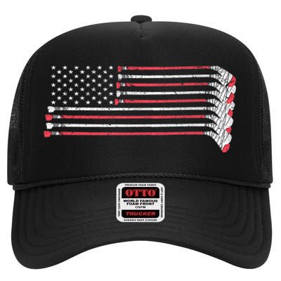 Hockey Sticks American Flag High Crown Mesh Back Trucker Hat