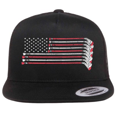 Hockey Sticks American Flag Flat Bill Trucker Hat