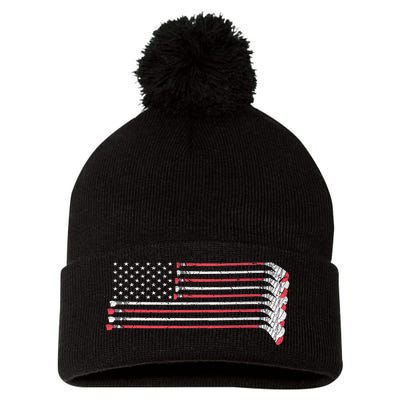 Hockey Sticks American Flag Pom Pom 12in Knit Beanie