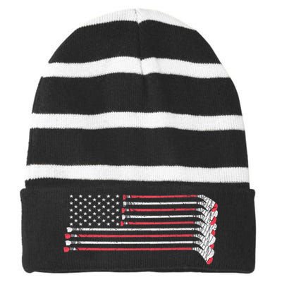 Hockey Sticks American Flag Striped Beanie with Solid Band