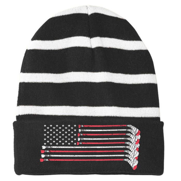 Hockey Sticks American Flag Striped Beanie with Solid Band