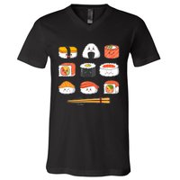 Happy Sushi Anime Kawaii Set Japanese Food Lover Otaku Manga V-Neck T-Shirt