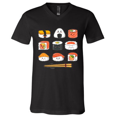 Happy Sushi Anime Kawaii Set Japanese Food Lover Otaku Manga V-Neck T-Shirt