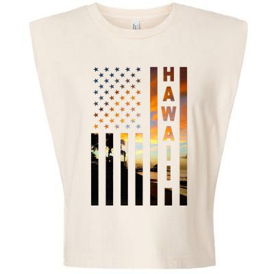 Hawaii Sunset American Flag Honolulu Hawaiian Island Garment-Dyed Women's Muscle Tee