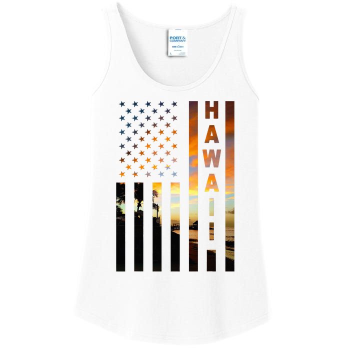 Hawaii Sunset American Flag Honolulu Hawaiian Island Ladies Essential Tank