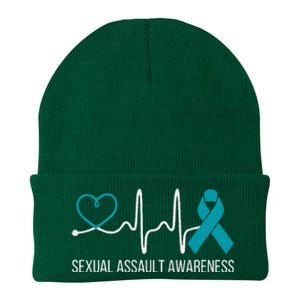 Heartbeat Sexual Assault Awareness Month Teal Ribbon Support Knit Cap Winter Beanie