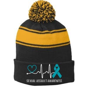 Heartbeat Sexual Assault Awareness Month Teal Ribbon Support Stripe Pom Pom Beanie