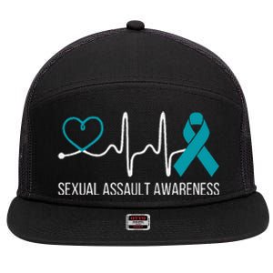 Heartbeat Sexual Assault Awareness Month Teal Ribbon Support 7 Panel Mesh Trucker Snapback Hat