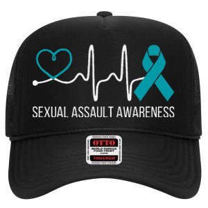 Heartbeat Sexual Assault Awareness Month Teal Ribbon Support High Crown Mesh Back Trucker Hat