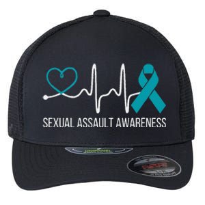 Heartbeat Sexual Assault Awareness Month Teal Ribbon Support Flexfit Unipanel Trucker Cap