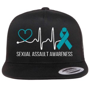 Heartbeat Sexual Assault Awareness Month Teal Ribbon Support Flat Bill Trucker Hat