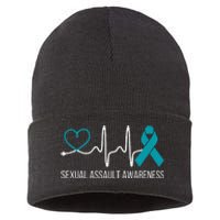 Heartbeat Sexual Assault Awareness Month Teal Ribbon Support Sustainable Knit Beanie