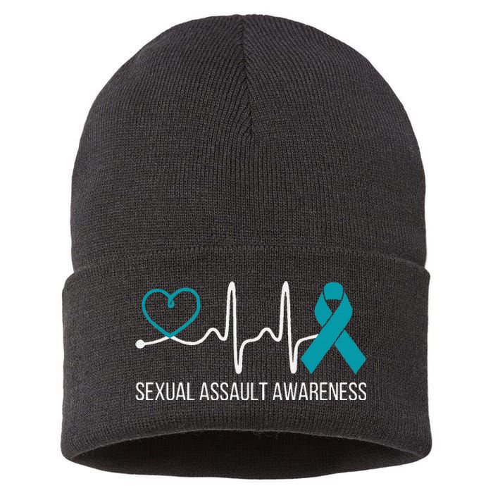 Heartbeat Sexual Assault Awareness Month Teal Ribbon Support Sustainable Knit Beanie