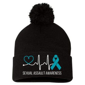 Heartbeat Sexual Assault Awareness Month Teal Ribbon Support Pom Pom 12in Knit Beanie