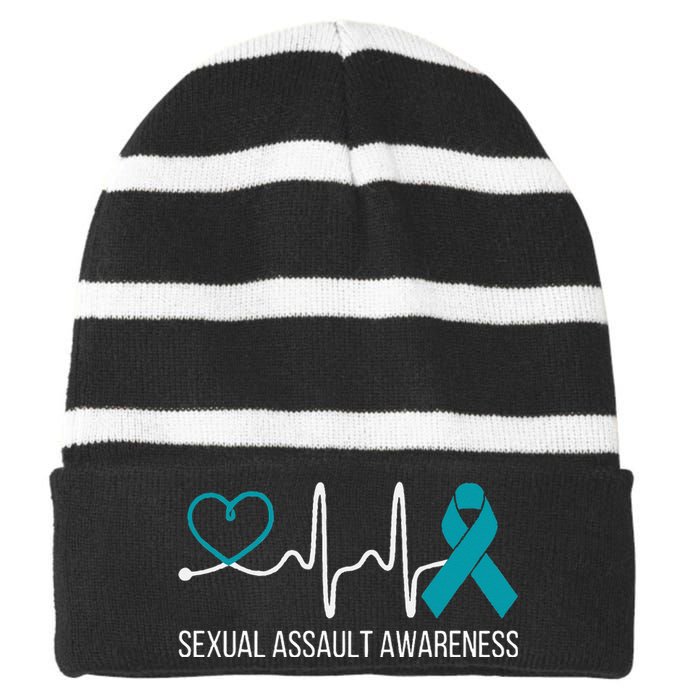 Heartbeat Sexual Assault Awareness Month Teal Ribbon Support Striped Beanie with Solid Band