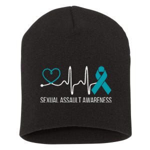 Heartbeat Sexual Assault Awareness Month Teal Ribbon Support Short Acrylic Beanie