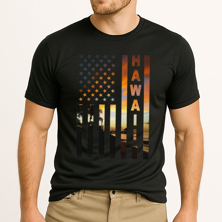 Hawaii Sunset American Flag Honolulu Hawaiian Island Cooling Performance Crew T-Shirt