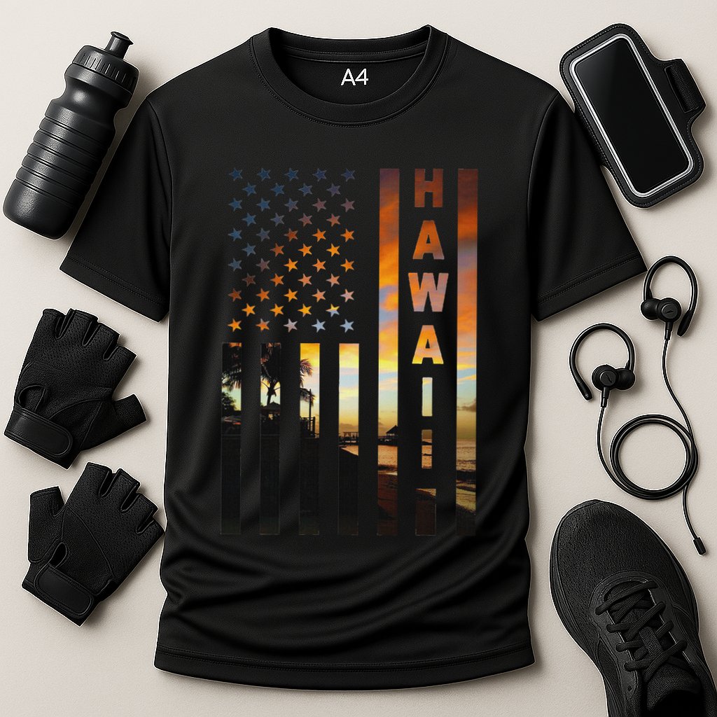 Hawaii Sunset American Flag Honolulu Hawaiian Island Cooling Performance Crew T-Shirt