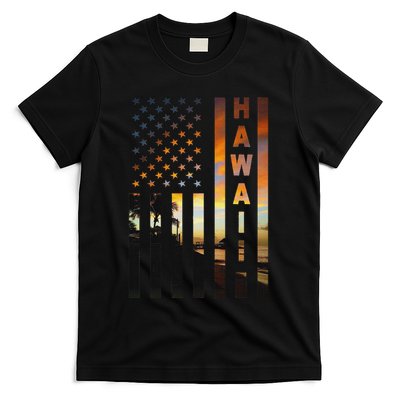 Hawaii Sunset American Flag Honolulu Hawaiian Island T-Shirt