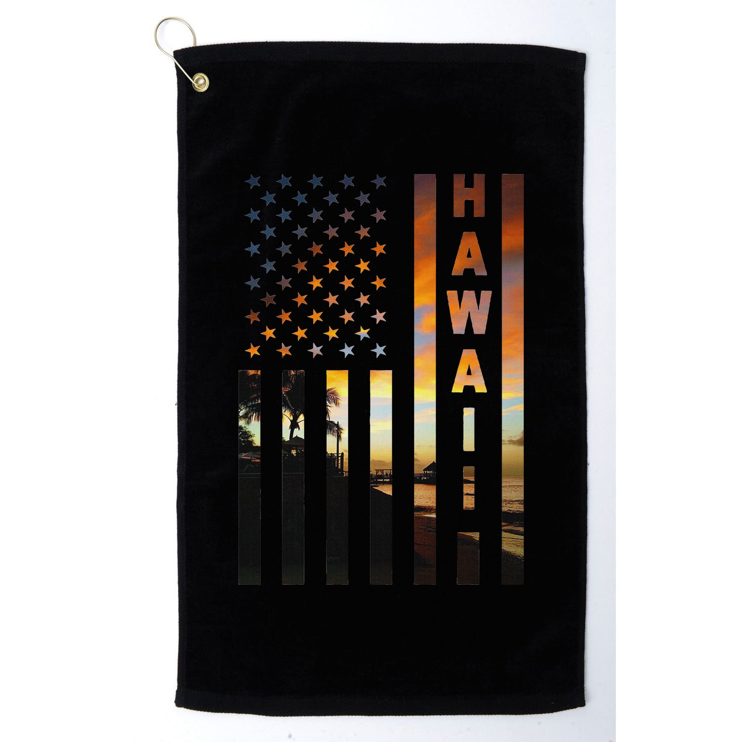 Hawaii Sunset American Flag Honolulu Hawaiian Island Golf Towel