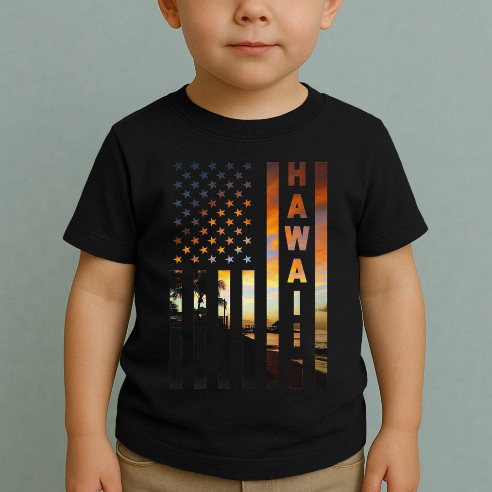 Hawaii Sunset American Flag Honolulu Hawaiian Island Toddler T-Shirt
