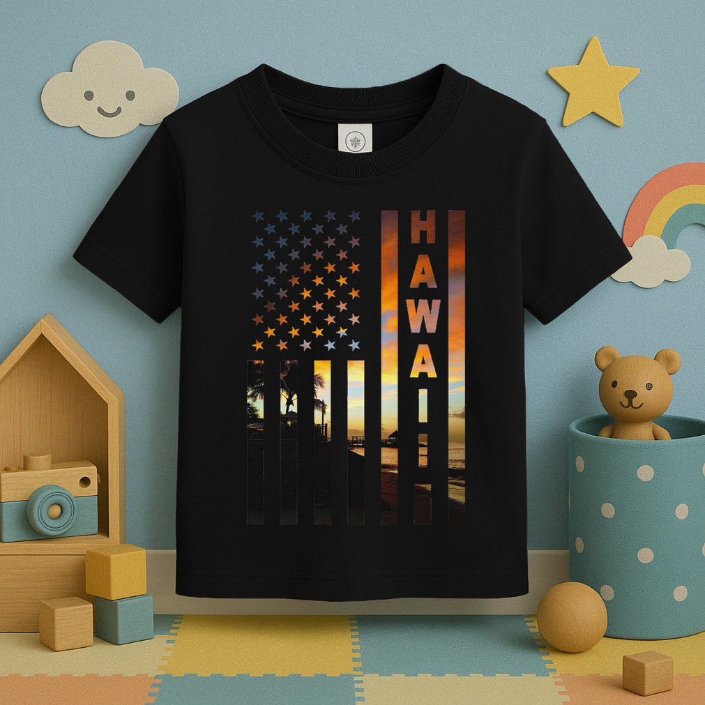Hawaii Sunset American Flag Honolulu Hawaiian Island Toddler T-Shirt