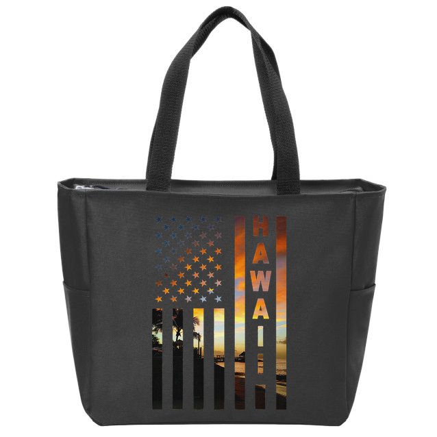 Hawaii Sunset American Flag Honolulu Hawaiian Island Zip Tote Bag