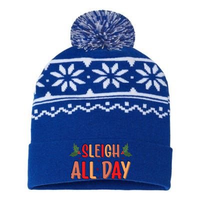 Holiday Sleigh All Day Cute Word Art Typography Style Christ Cool Gift USA-Made Snowflake Beanie