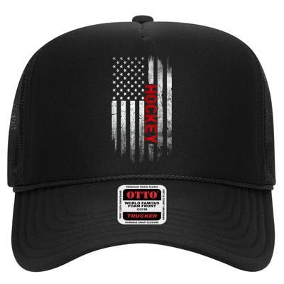 Hockey Stick American Flag Sports Patriotic Hockey Player High Crown Mesh Back Trucker Hat